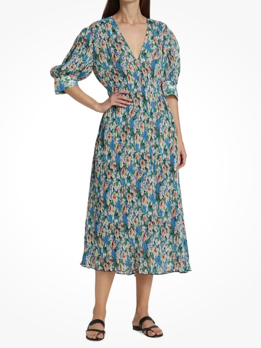 GANNI Blue Floral Pleated Georgette Midi Dress EU 34 US 2 Puff Sleeve Smocked